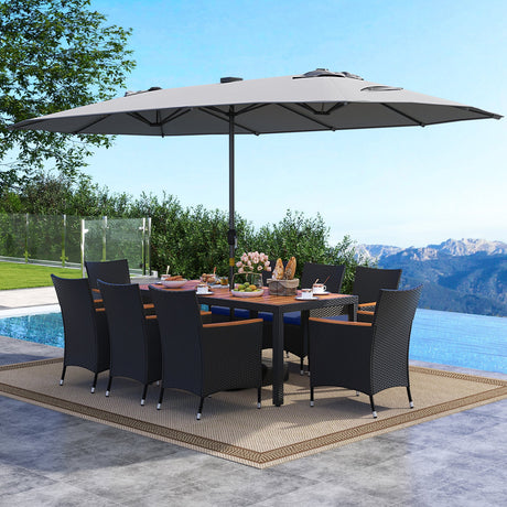 Juego de comedor de patio de 11 piezas con sombrilla LED para patio con base y cojines de asiento (azul marino)