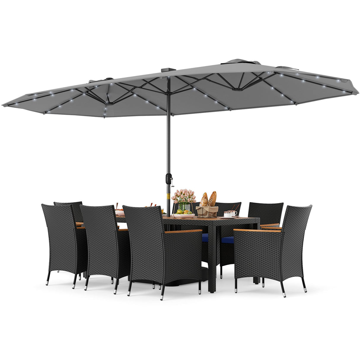 Juego de comedor de patio de 11 piezas con sombrilla LED para patio con base y cojines de asiento (azul marino)