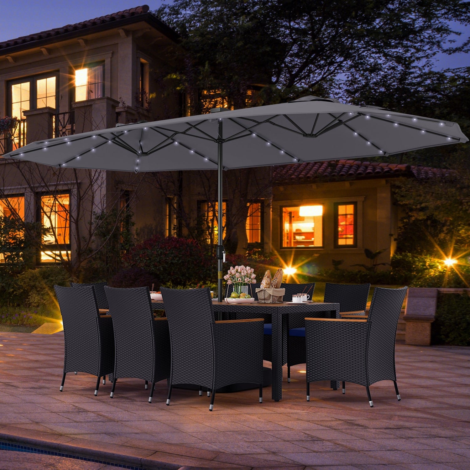Juego de comedor de patio de 11 piezas con sombrilla LED para patio con base y cojines de asiento (azul marino)