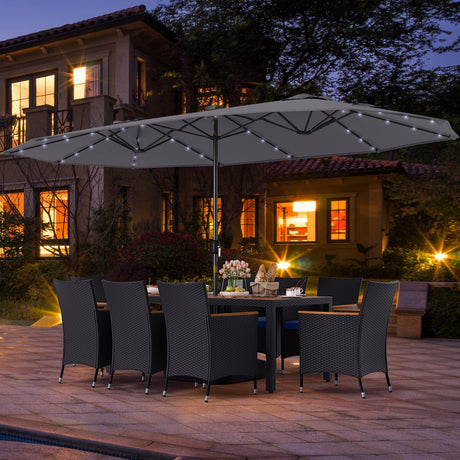 Juego de comedor de patio de 11 piezas con sombrilla LED para patio con base y cojines de asiento (azul marino)