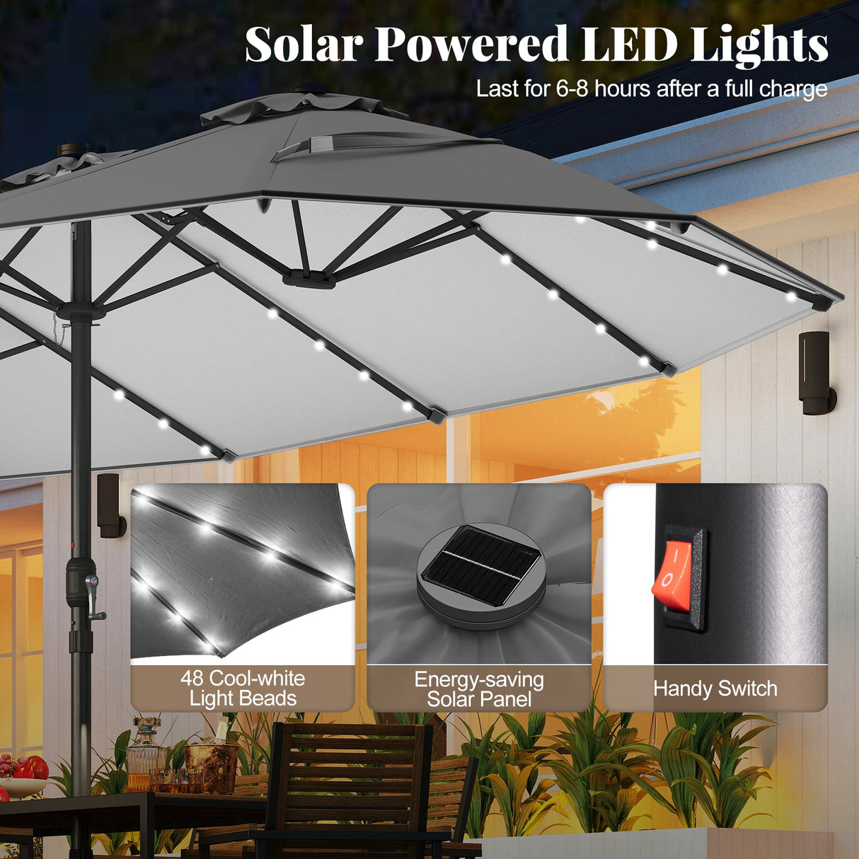 Juego de comedor de patio de 11 piezas con sombrilla LED para patio con base y cojines de asiento (azul marino)