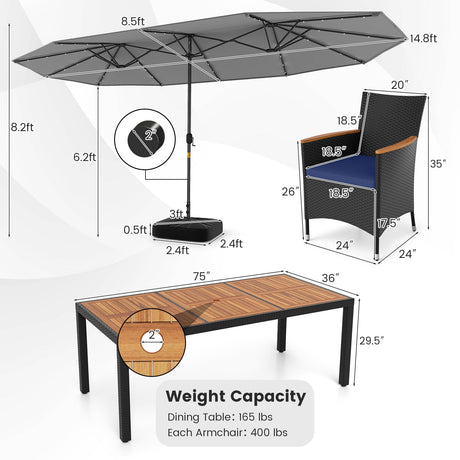 Juego de comedor de patio de 11 piezas con sombrilla LED para patio con base y cojines de asiento (azul marino)