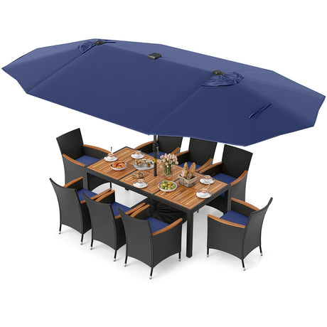 Juego de comedor de patio de 11 piezas con sombrilla LED para patio con base y cojines de asiento (azul marino)