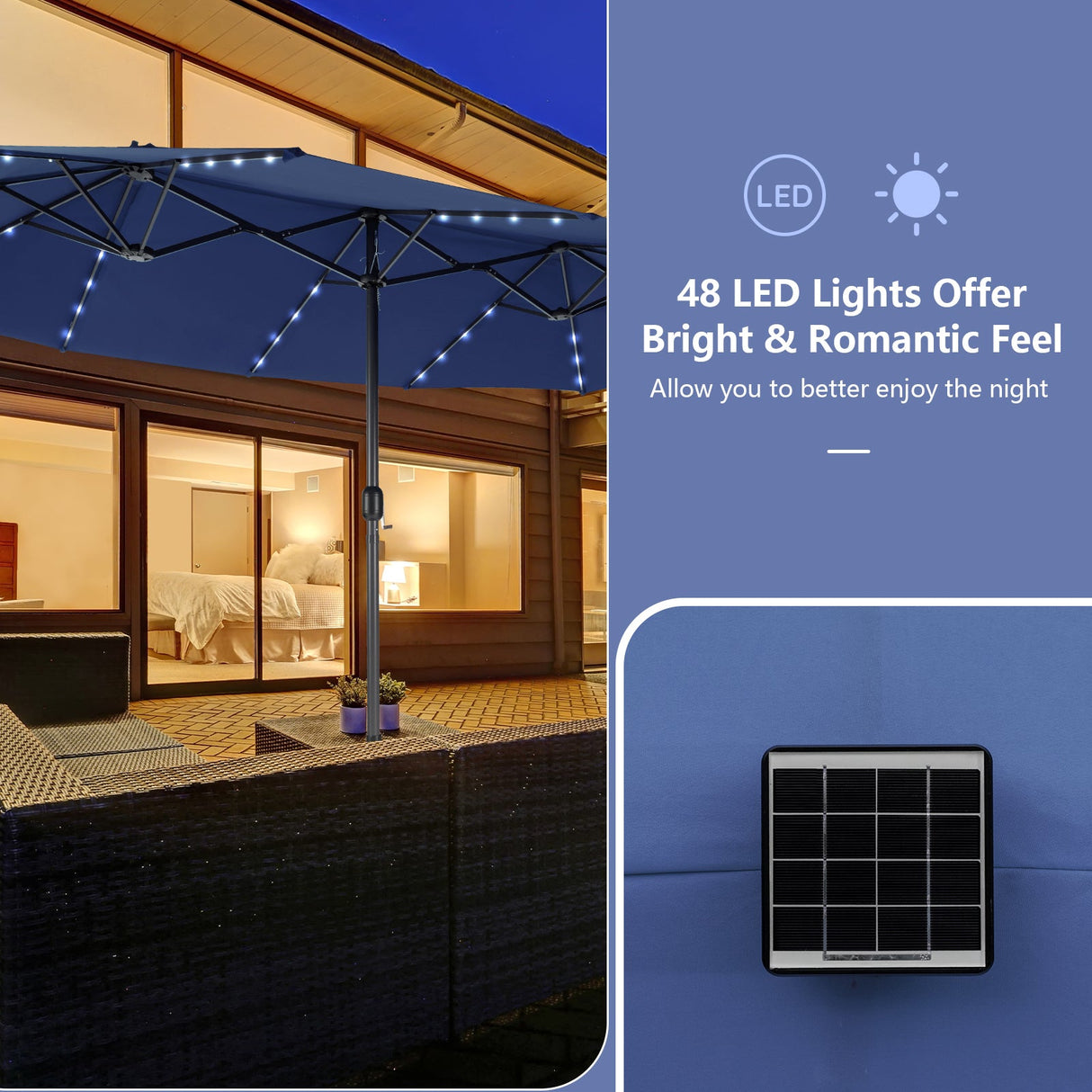 Juego de comedor de patio de 11 piezas con sombrilla LED para patio con base y cojines de asiento (azul marino)