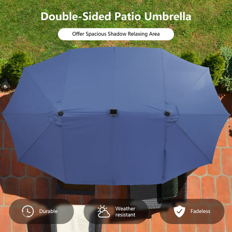 Juego de comedor de patio de 11 piezas con sombrilla LED para patio con base y cojines de asiento (azul marino)