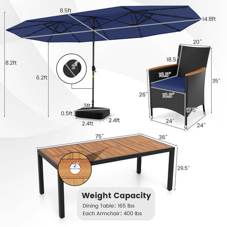 Juego de comedor de patio de 11 piezas con sombrilla LED para patio con base y cojines de asiento (azul marino)