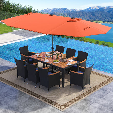 Juego de comedor de patio de 11 piezas con sombrilla LED para patio con base y cojines de asiento (azul marino)
