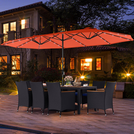 Juego de comedor de patio de 11 piezas con sombrilla LED para patio con base y cojines de asiento (azul marino)