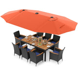 Juego de comedor de patio de 11 piezas con sombrilla LED para patio con base y cojines de asiento (azul marino)
