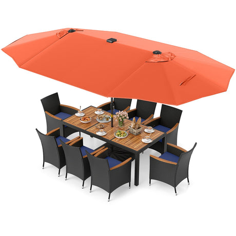 Juego de comedor de patio de 11 piezas con sombrilla LED para patio con base y cojines de asiento (azul marino)