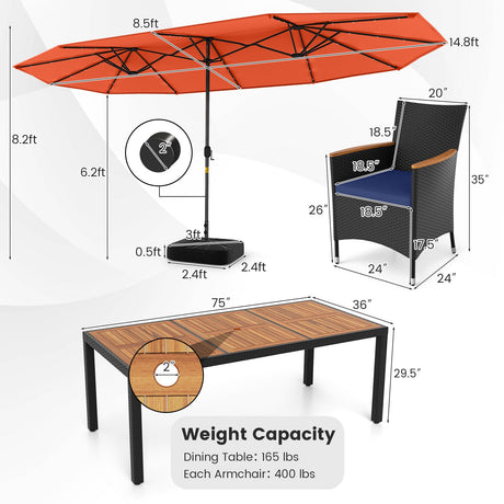 Juego de comedor de patio de 11 piezas con sombrilla LED para patio con base y cojines de asiento (azul marino)