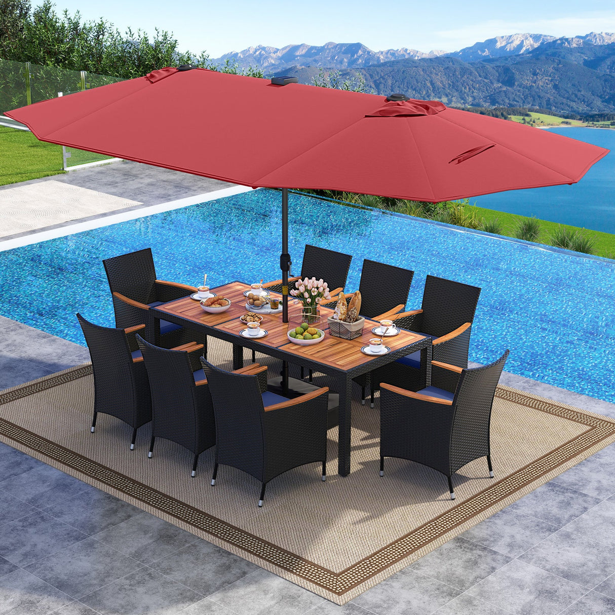 Juego de comedor de patio de 11 piezas con sombrilla LED para patio con base y cojines de asiento (azul marino)