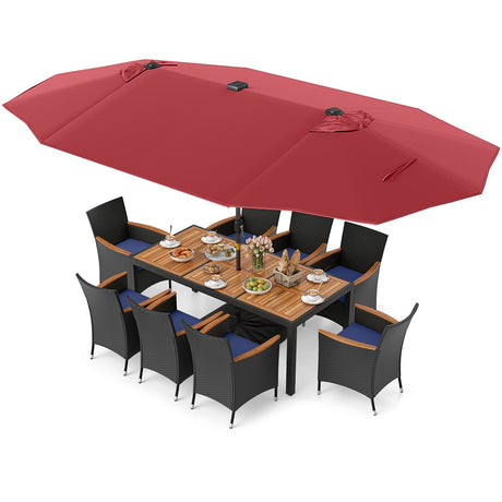 Juego de comedor de patio de 11 piezas con sombrilla LED para patio con base y cojines de asiento (azul marino)