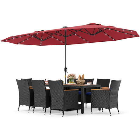 Juego de comedor de patio de 11 piezas con sombrilla LED para patio con base y cojines de asiento (azul marino)
