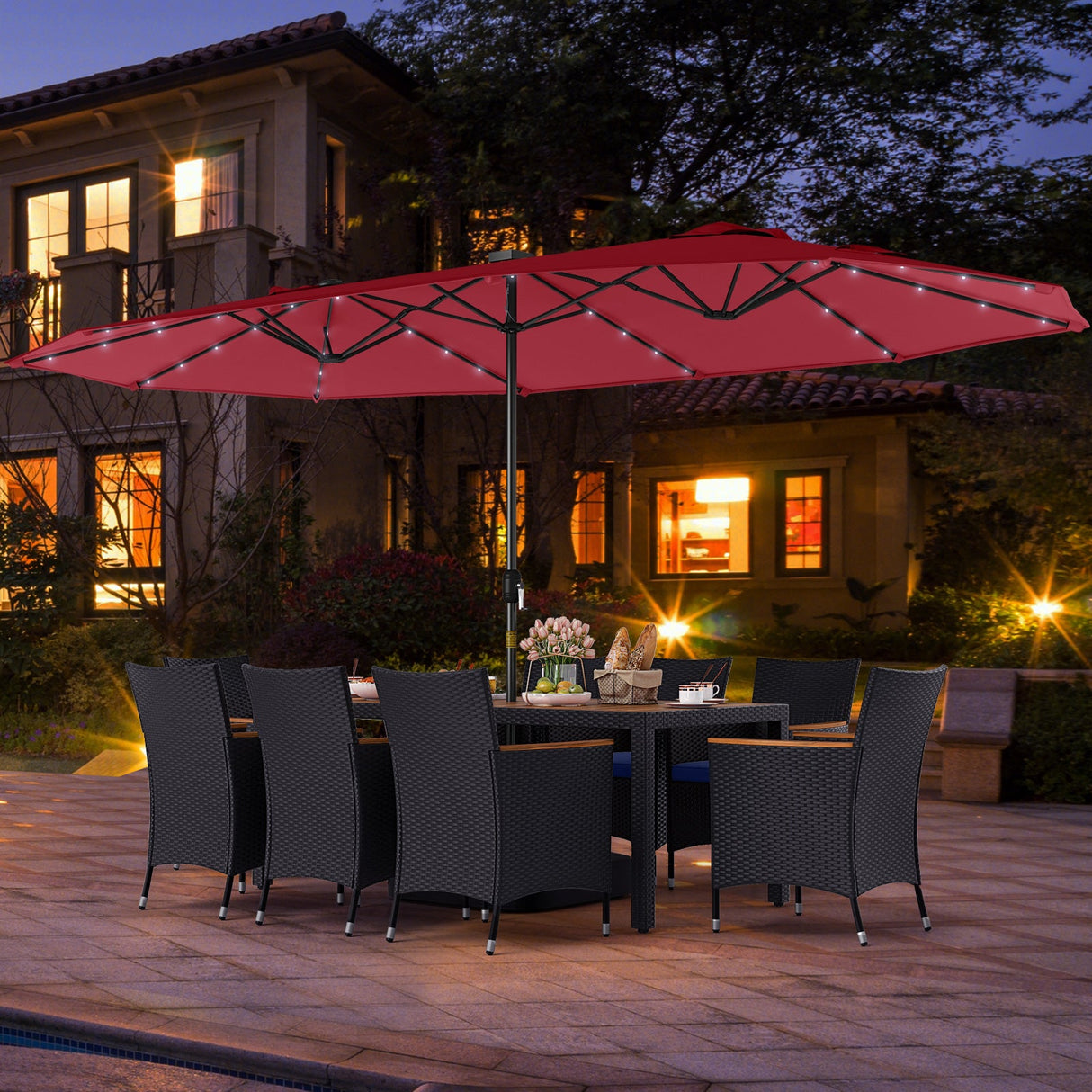 Juego de comedor de patio de 11 piezas con sombrilla LED para patio con base y cojines de asiento (azul marino)