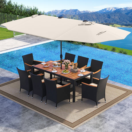 Juego de comedor para patio de 11 piezas con sombrilla de patio LED con base y cojines de asiento (beige)