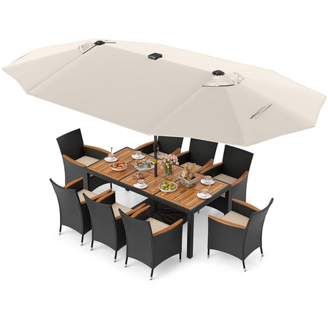 Juego de comedor para patio de 11 piezas con sombrilla de patio LED con base y cojines de asiento (beige)