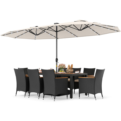 Juego de comedor para patio de 11 piezas con sombrilla de patio LED con base y cojines de asiento (beige)