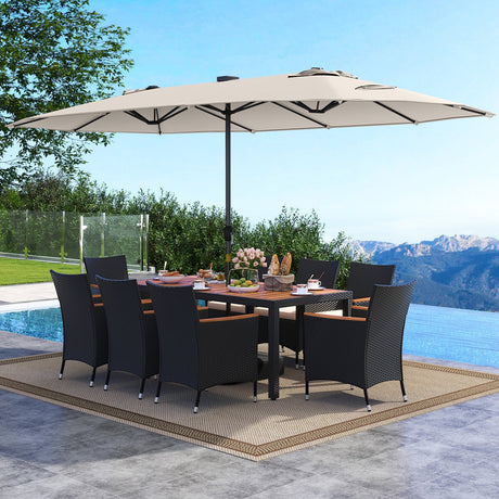 Juego de comedor para patio de 11 piezas con sombrilla de patio LED con base y cojines de asiento (beige)