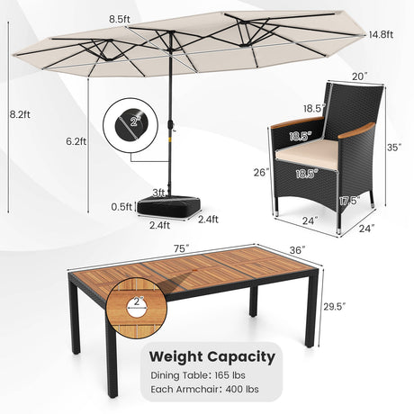 Juego de comedor para patio de 11 piezas con sombrilla de patio LED con base y cojines de asiento (beige)