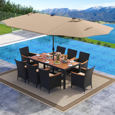 Juego de comedor para patio de 11 piezas con sombrilla de patio LED con base y cojines de asiento (beige)