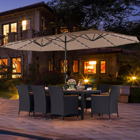 Juego de comedor para patio de 11 piezas con sombrilla de patio LED con base y cojines de asiento (beige)