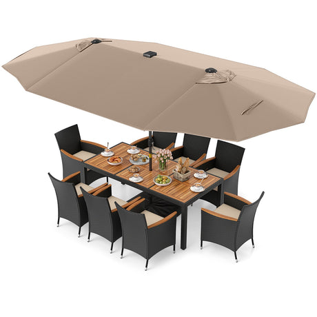 Juego de comedor para patio de 11 piezas con sombrilla de patio LED con base y cojines de asiento (beige)