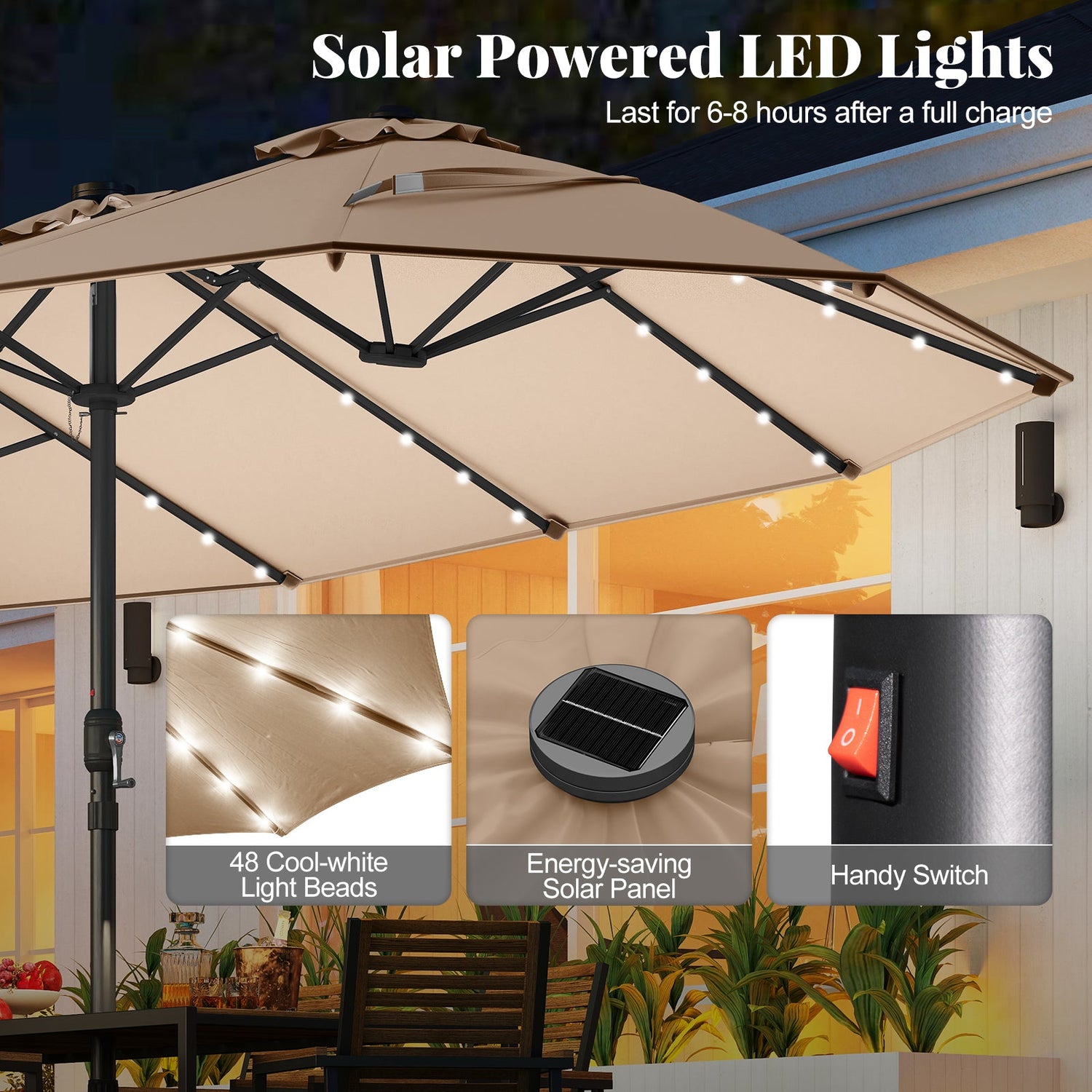 11 Pieces Patio Dining Set with LED Patio Umbrella with Base and Seat Cushions (Beige)