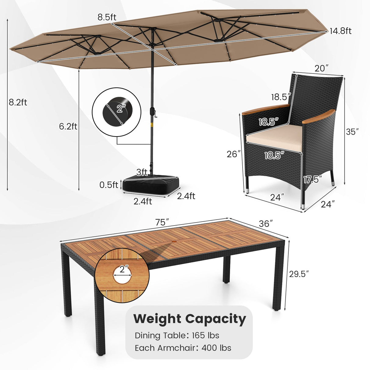 11 Pieces Patio Dining Set with LED Patio Umbrella with Base and Seat Cushions (Beige)