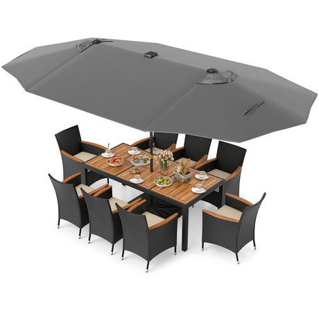 Juego de comedor para patio de 11 piezas con sombrilla de patio LED con base y cojines de asiento (beige)