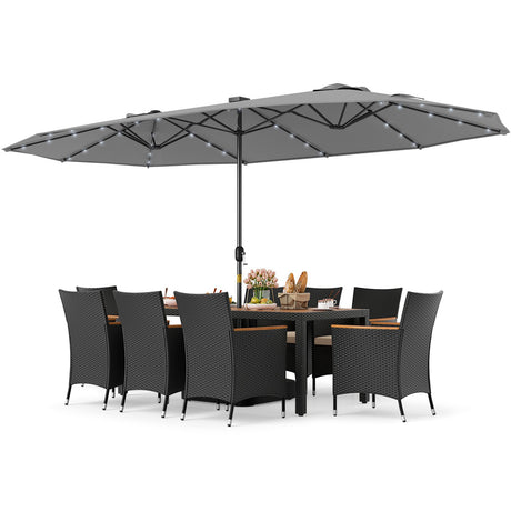 Juego de comedor para patio de 11 piezas con sombrilla de patio LED con base y cojines de asiento (beige)