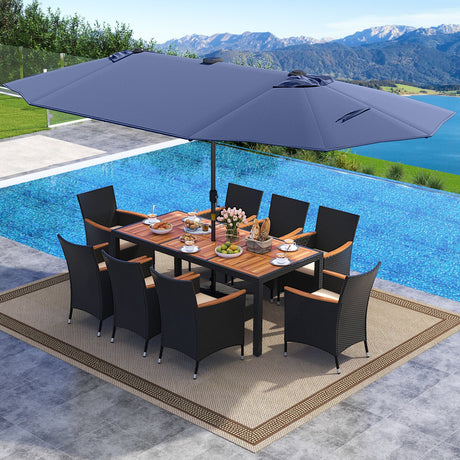 Juego de comedor para patio de 11 piezas con sombrilla de patio LED con base y cojines de asiento (beige)