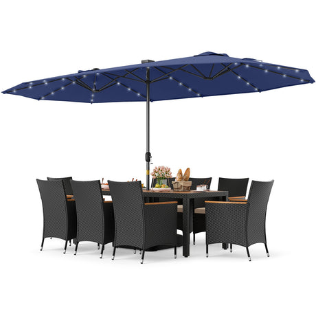 Juego de comedor para patio de 11 piezas con sombrilla de patio LED con base y cojines de asiento (beige)