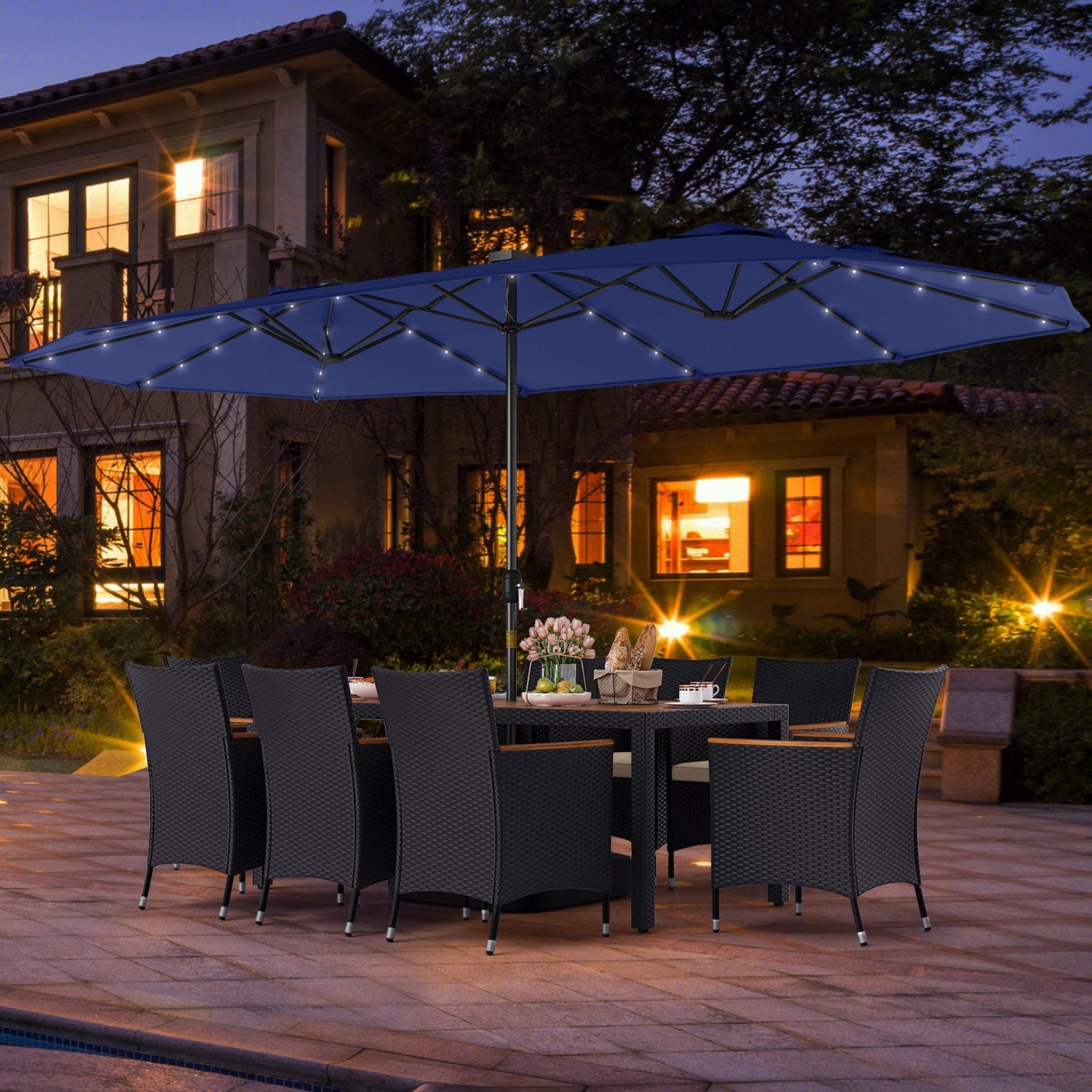 11 Pieces Patio Dining Set with LED Patio Umbrella with Base and Seat Cushions (Beige)