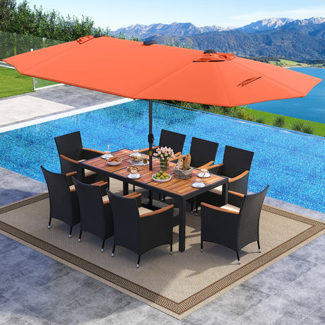 Juego de comedor para patio de 11 piezas con sombrilla de patio LED con base y cojines de asiento (beige)