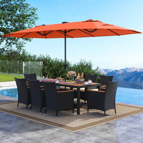 Juego de comedor para patio de 11 piezas con sombrilla de patio LED con base y cojines de asiento (beige)