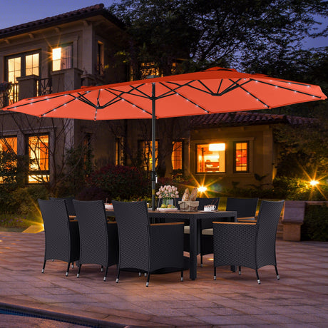 Juego de comedor para patio de 11 piezas con sombrilla de patio LED con base y cojines de asiento (beige)