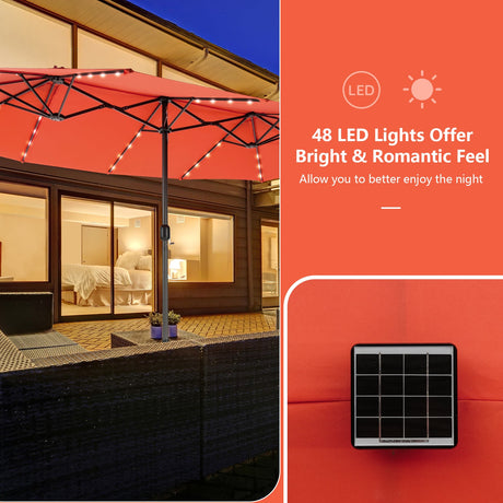 Juego de comedor para patio de 11 piezas con sombrilla de patio LED con base y cojines de asiento (beige)