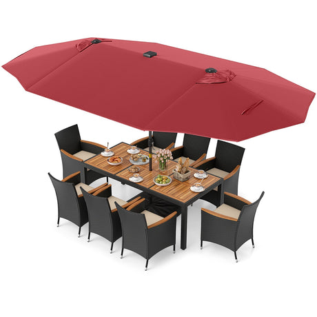 Juego de comedor para patio de 11 piezas con sombrilla de patio LED con base y cojines de asiento (beige)