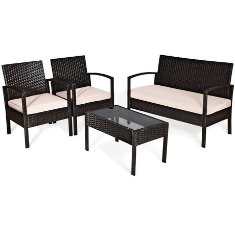 Juego de conversación de patio de ratán de 4 piezas con sofás biplazas y mesa de centro