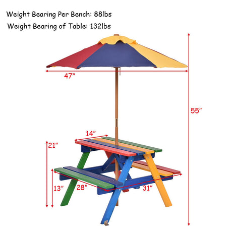 Mesa de picnic para niños de 4 asientos con sombrilla
