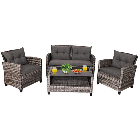 Juego de muebles de patio de ratán de 4 piezas con mesa de centro y sofá acolchado - Gris