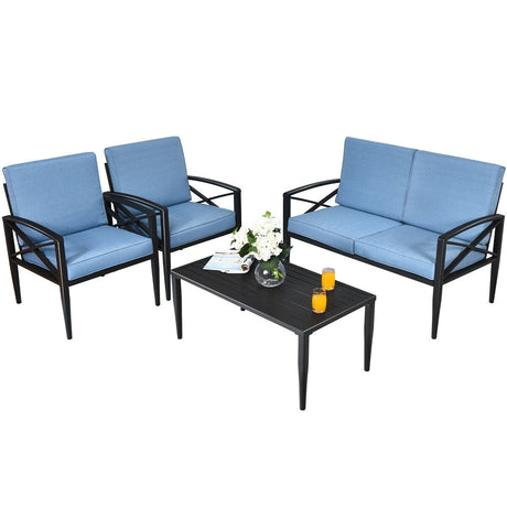 Juego de muebles de patio de 4 piezas con estructura de aluminio y sofá acolchado