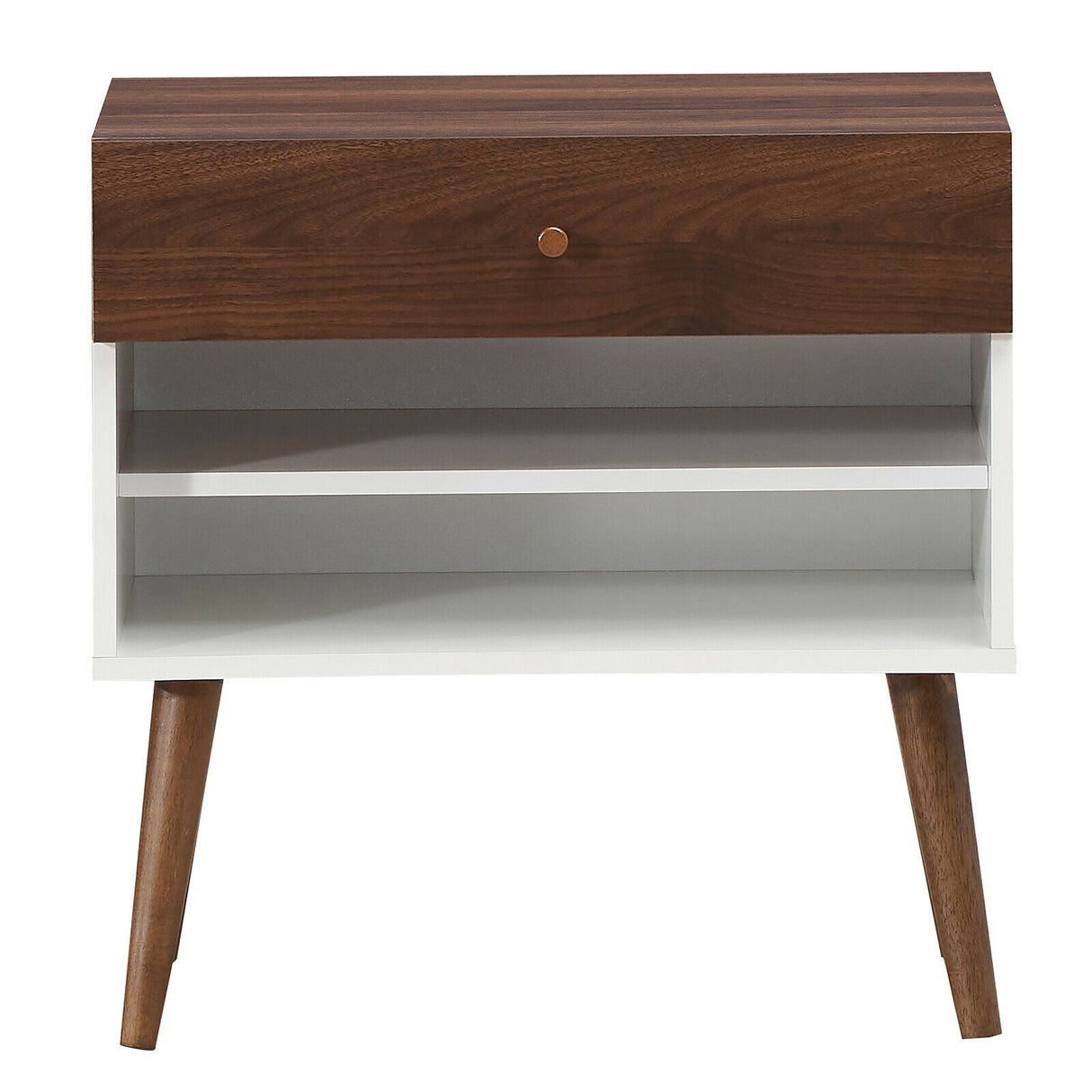 Mesita de Noche Mid-Century con Cajón y Patas de Madera de Caucho