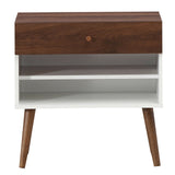 Mesita de Noche Mid-Century con Cajón y Patas de Madera de Caucho