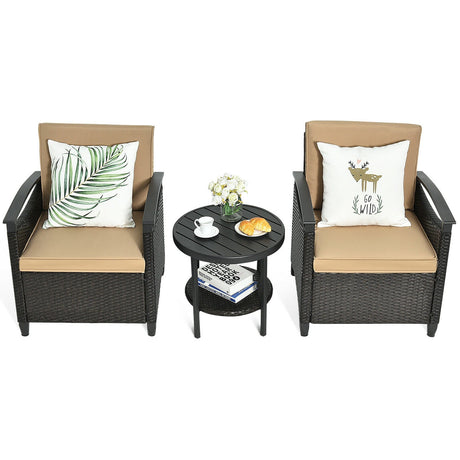 Juego de muebles de ratán para patio de 3 piezas, sofá acolchado, mesa de almacenamiento con estante para jardín