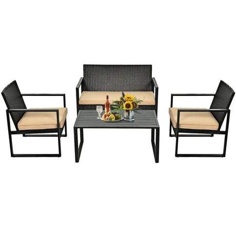 Juego de muebles de ratán para patio de 4 piezas con cojines de asiento y mesa de centro
