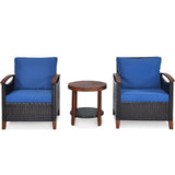 Juego de muebles de patio de ratán de 3 piezas con cojines lavables y tablero de mesa de madera de acacia