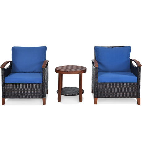 Juego de muebles de patio de ratán de 3 piezas con cojines lavables y tablero de mesa de madera de acacia