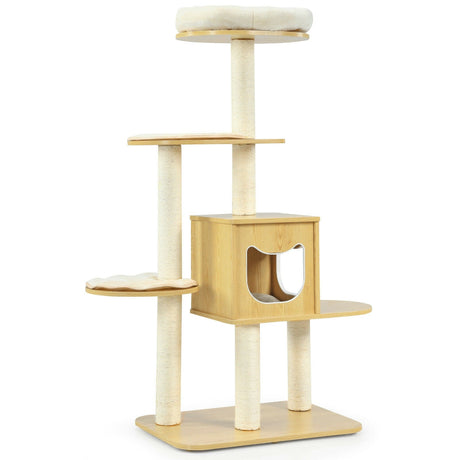 Torre para gatos moderna de madera de 4 niveles con alfombrillas lavables - Nogal